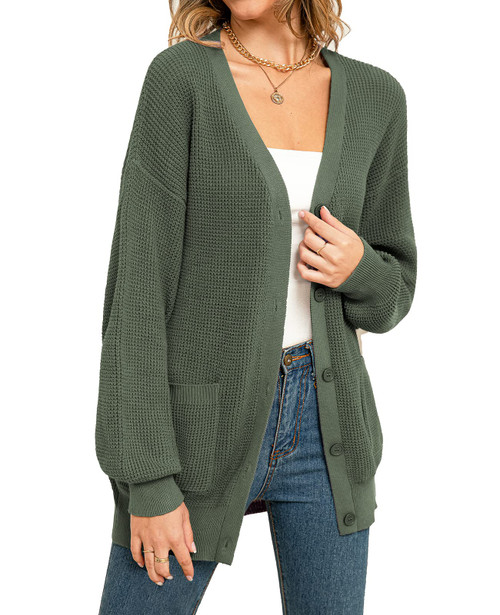 QUALFORT Women's 100% Cotton Cardigan Sweater Long Sleeve Button Down Oversized Knit Cardigan with Pockets Green Large