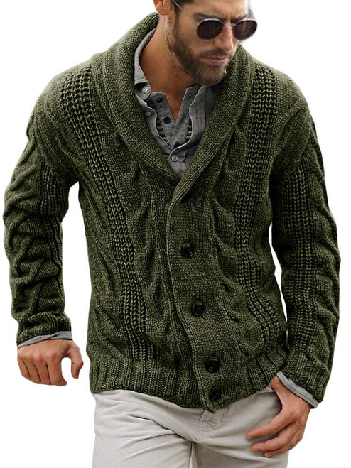 Karlywindow Mens Cable Knit Cardigan Sweater Shawl Collar Loose Fit Long Sleeve Casual Cardigans Army Green