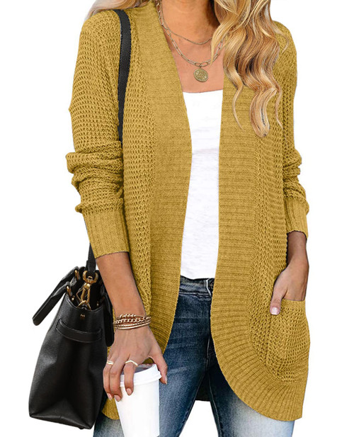 MEROKEETY Women's 2023 Fall Long Sleeve Open Front Cardigans Chunky Knit Draped Sweaters Outwear Mustard S