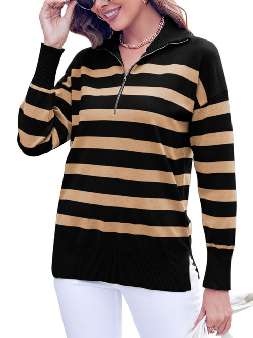 FMEYOA Women's Oversized Sweater 2023 Fall Long Sleeve Zip V Neck Collared Striped Ribbed Knit Winter Pullover(Black,L)