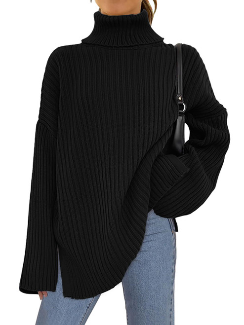LILLUSORY Womens 2023 Fall Turtleneck Oversized Pullover Sweaters Long Sleeves High Neck Ribbed Knit Sweater Black