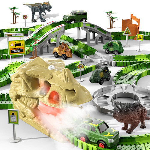 KuKuFun 249 PCS Dinosaur Race Car Track Toys, Dinosaur Race Tracks Toys with Light, Sound & Spray, Dinosaur Toys for Kids Toddler Boys Ages 2-4 3-5 4-6, Birthday Toys Gifts for 2 3 4 5 Year Old Boys