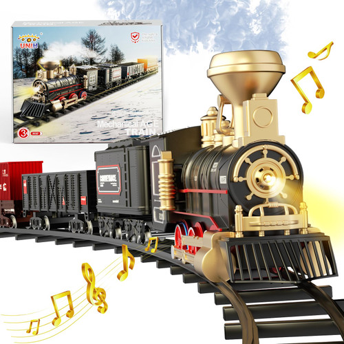 UNIH Train Set,Electric Train Toys with Steam Locomotive Engine,Cargo Car and Long Track,Christmas Train Sets with Lights & Sound, Toy Train Gifts for 3 4 5 6 7 8+ Year Old Kids Boys Girls