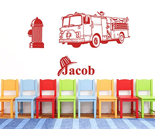 CreativeWallDecals Wall Decal Vinyl Sticker Decals Art Decor Design Fire Truck Big Car Personalized Custom Name Kids Children Nursery (r1209)