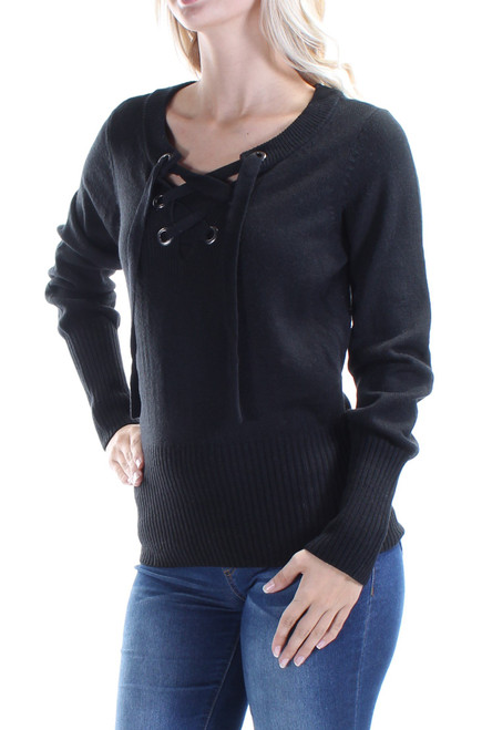 bar III Womens Ribbed Lace-Up Knit Sweater, Black, Small