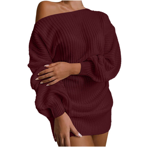 TUNUSKAT Womens Balloon Sleeve Sweater Dress Sexy Off The Shoulder Long Sleeve Knit Jumper Pullover Casual Solid Tunic Tops