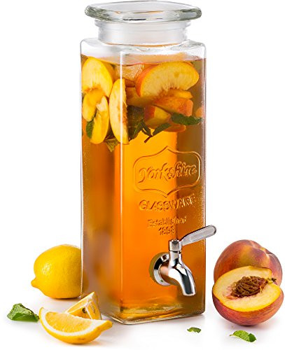 KooK Tall Square Glass Yorkshire Mason Jar Drink Dispenser with Stainless Steel Spigot and Glass Lid, 80 Once