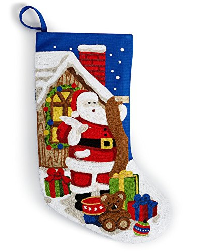 Holiday Lane 18-in Crewel Stitch Needlepoint Santa Christmas Stocking, Blue