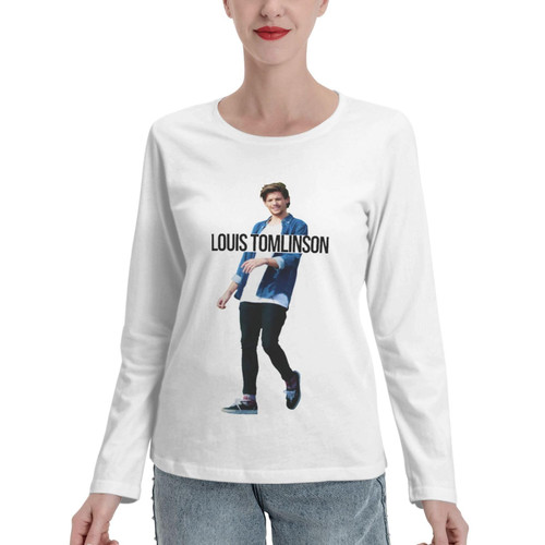 Louis Singer Tomlinson T-Shirt Women's Long Sleeve Shirt Cotton Round Neck Loose Basic Tunic Tops Fashion Printed Pullover Tee White