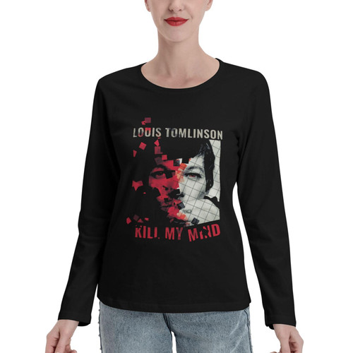 Louis Singer Tomlinson T-Shirt Womens Long Sleeve Shirt Cotton Round Neck Loose Basic Tunic Tops Fashion Printed Pullover T Shirts Black
