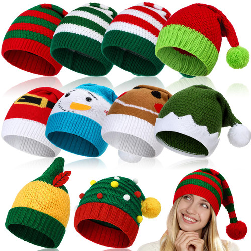 Funtery 10 Pcs Christmas Knitted Santa Hat Elf Hats Bulk for Adults Crochet Christmas Beanies Holiday Party Caps(Cute)