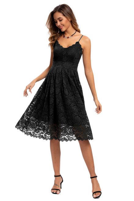 Atnlewhi Womens Spaghetti Strap V Neck Sleeveless A Line Lace Dresses for Evening Cocktail Formal Wedding Guest Black