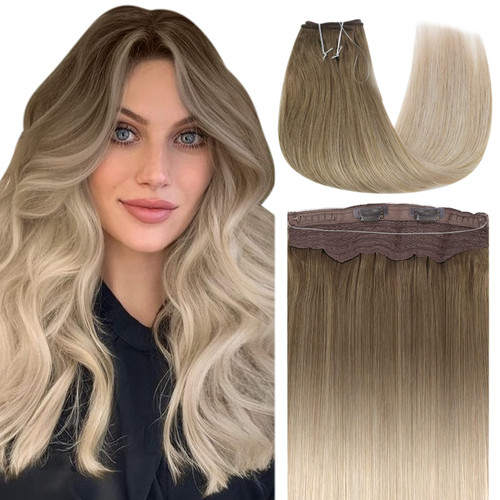 Fshine Hidden Wire Hair Extensions Human Hair 12 Inch Light Brown Fading to Ash Blonde and Platinum Blonde Ombre Invisible Wire Hair Extensions Remy Hair Straight Fish Line Hairpiece 70g