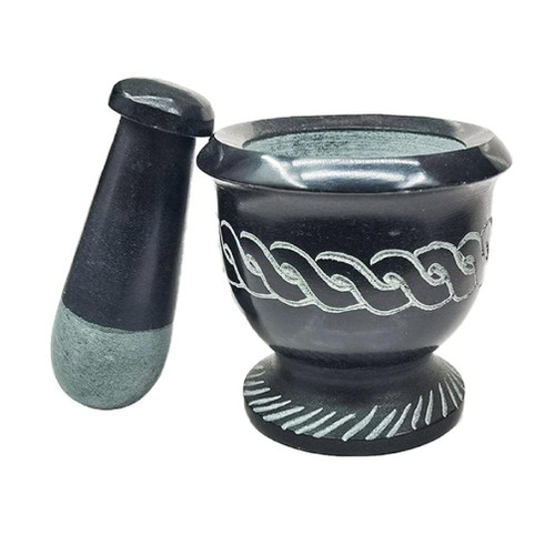 Soapstone Mortar and Pestle Set Engraved Pattern Herb Jar Container for Home Bedroom Yoga Room Decoration Mortar and Pestle Set