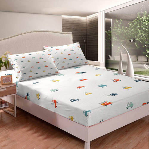 Feelyou Kids Excavator Bedding Set for Boys Son Cartoon Construction Cars Decor Bed Sheets Colorful Vehicles Bed Sheet Set Cute Car Fitted Sheet Bedroom Collection 2Pcs Twin Size