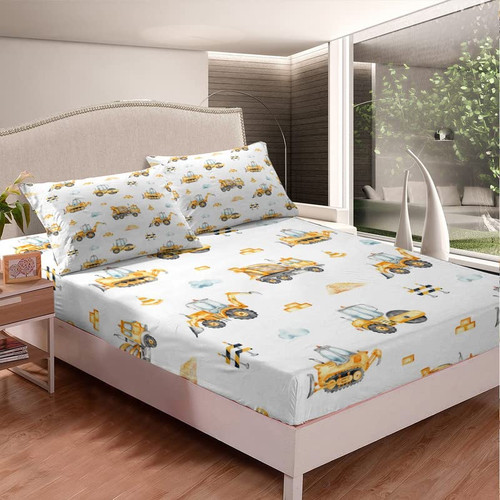 Feelyou Construction Bed Sheet for Kids Boys Truck Tractors Sheet Set Cartoon Car Bedding Set 1 Fitted Sheet & 1 Pillowcase