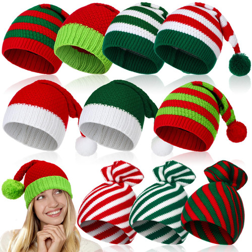 Funtery 10 Pcs Christmas Knitted Santa Hat Elf Hats Bulk for Adults Crochet Christmas Beanies Holiday Party Caps(Lovely)