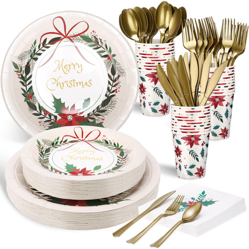 Sliner 350 Pcs Christmas Paper Plates and Napkins Set Disposable Xmas Tableware Dinnerware Party Supplies Includes 100 Paper Plates 50 Cups 50 Napkins 50 Sets Knives Forks and Spoons for 50 Guests Sliner 350 Pcs Christmas Paper Plates and Napkins Set Disposable Xmas Tableware Dinnerware Party Supplies Includes 100 Paper Plates 50 Cups 50 Napkins 50 Sets Knives Forks and Spoons for 50 Guests