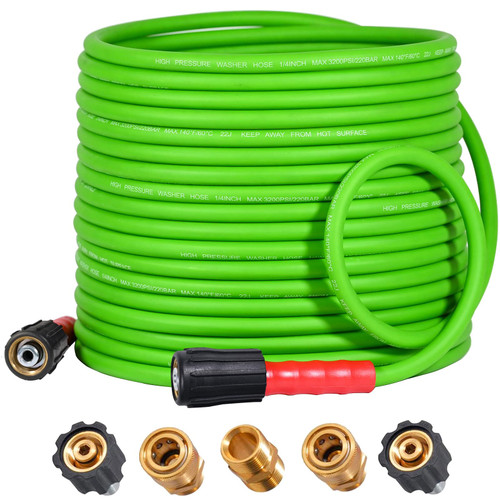YAMATIC Pro Flexible Pressure Washer Hose With Universal M22 Fittings for Gas Electric Power Washer, 50 FT Kink Resistant Replacement Extension With 3/8" Quick Connect Adapters, 1/4" 3200 PSI, Green
