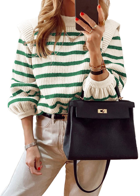 PRETTYGARDEN Women's Sweaters Casual Long Lantern Sleeve Crewneck Ribbed Knit Pullover Striped Jumper Tops Blouse (Striped Green,Medium)