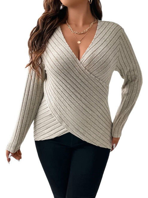 WDIRARA Women's Wrap V Neck Criss Cross Long Sleeve Asymmetrical Sweater Cable Knit Tops Light Grey 2XL