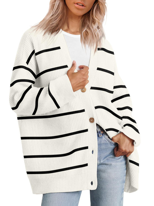 LILLUSORY Women's Cashmere Fall Striped Cardigan 2023 Open Front Oversized Button Lightweight Sweaters V Neck Loose Cardigans Knit Outwear