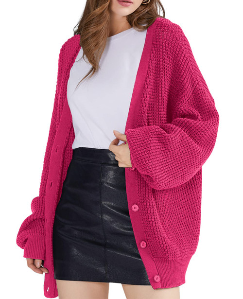 QUALFORT Women's Cardigan Sweater 100% Cotton Button-Down Long Sleeve Oversized Knit Cardigans Hot Pink Medium