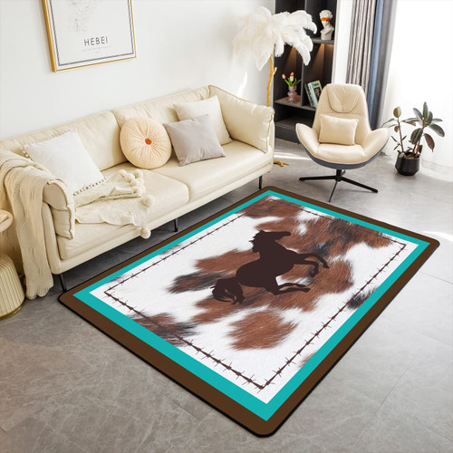 Horse Area Rug 3x5 Western Farm Cowhide Printed Rugs Mat for Living Room Bedroom Teal Blue Brown Pattern Decor Carpet Non Slip Area Runner Rug