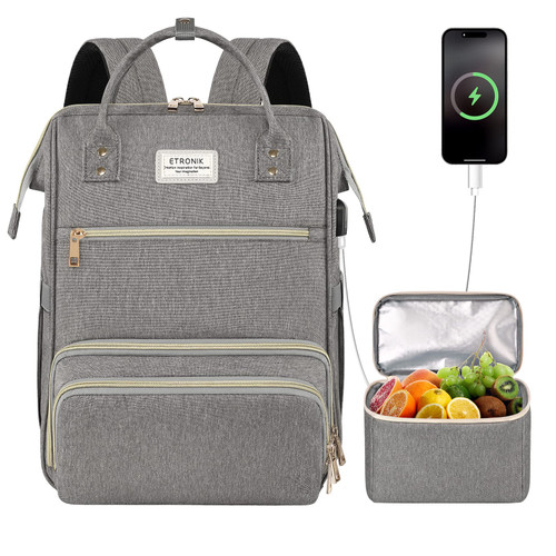 ETRONIK Lunch Backpack, 15.6in Laptop Backpack with USB Port, Teacher Nurse Work Backpack with Cooler Bag Insulated Laptop Bag Gifts for Women Men Over 12 years old,Dark Grey ETRONIK Lunch Backpack, 15.6in Laptop Backpack with USB Port, Teacher Nurse Work Backpack with Cooler Bag Insulated Laptop Bag Gifts for Women Men Over 12 years old,Dark Grey