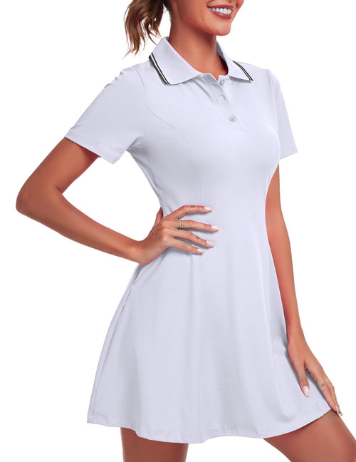 FKEEP Women's Golf Dress Tennis Dresses Workout Athletic Dress with Shorts/Short Sleeve/Pocket (White, L)