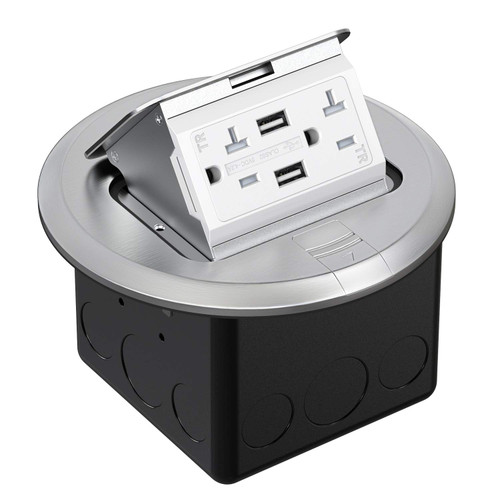 WEBANG Round Pop Up Floor Outlet Box with 20 Amp USB Tamper-Resistant TR Receptacle Outlet, Corrosive Resistant Hardware, ETL Listed, Silver