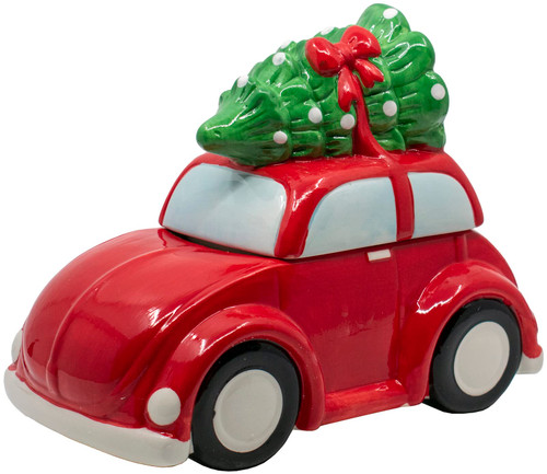 Stephanie Imports Hand Painted Red Car Christmas Themed Winter Holiday Ceramic Cookie Jar