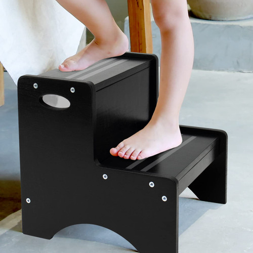 HAJACK Step Stools for Kids, Black Toddler Step Stool, Wooden Two Step Stool with Bonus Safety Non-Slip Mats and Handle, Bathroom Potty Stool & Kitchen Step Stool & Bedroom Stool for Home Use