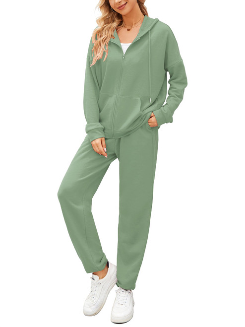 AUXDIO Sweat Suit Women Sweatpants and Sweatshirt Winter Long Sleeve Zipper Elastic Waisted Set with Pocket Green XL