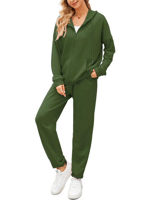 AUXDIO Sweat Suits for Womens 2 Piece Outfit Tracksuit Casual Full-Zip Hoodie Sweatsuits Jogging Long Pant Set Army Green S