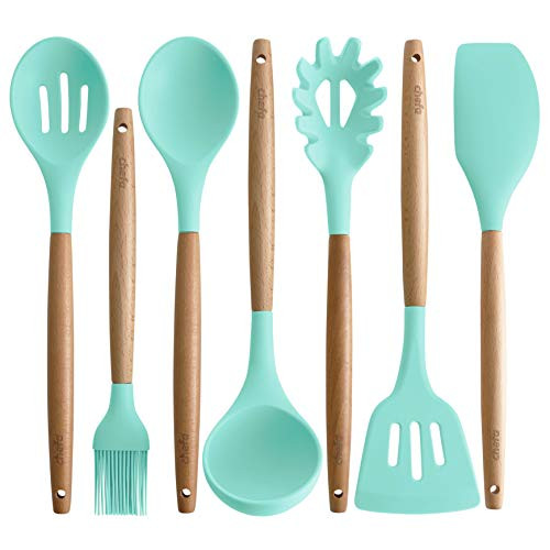Silicone Cooking Utensils | Kitchen Utensil Set, Wooden Handle, Non-Stick Cookware Heat Resistant,Spatula, Slotted & Solid Spoon, Soup Ladle, Slotted Turner and Spaghetti Server,| (Blue) Silicone Cooking Utensils | Kitchen Utensil Set, Wooden Handle, Non-Stick Cookware Heat Resistant,Spatula, Slotted & Solid Spoon, Soup Ladle, Slotted Turner and Spaghetti Server,| (Blue)