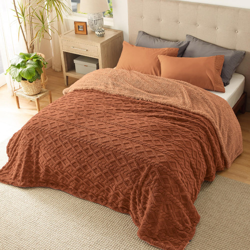 Bedsure Sherpa Queen Size Blanket for Bed - Fuzzy Soft Cozy Blanket Queen Size, Fleece Thick Warm Blanket for Winter, Orange Fall Blanket, 90x90 Inches