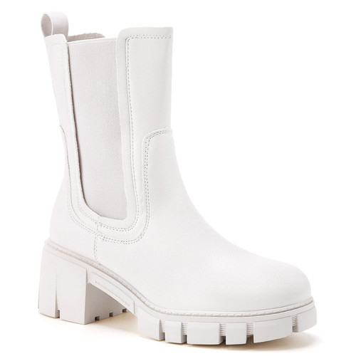 TINSTREE Boots Women Mid Calf, Women's Lug Sole Platform Boots Mid Calf Elastic Chunky Block Heel Leather Chelsea Booties (9, Original White, numeric_9)