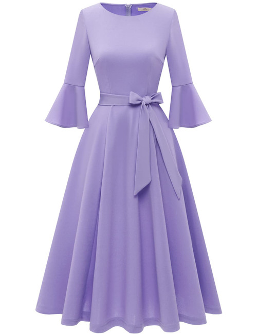 Wedding Guest Dress for Women Bell Sleeve Cocktail Dresses for Women Formal Dresses for Wedding Guest Vintage Midi Bridesmaid Dresses Lavender S