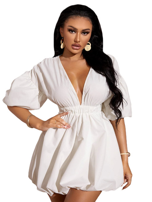 WDIRARA Women's Deep V Neck Puff Sleeve High Rise Flare Dress Elastic Waist Dress White M