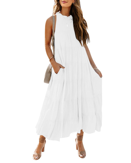 HAEOF Womens 2023 Summer Sleeveless Halter Maxi Dress Pleated Tiered Swing Beach Long Dresses Sundress White