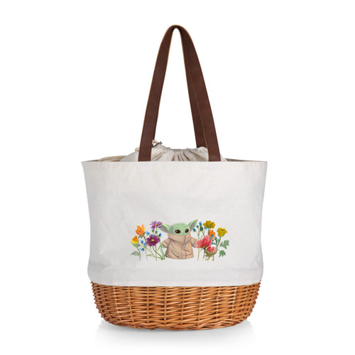 PICNIC TIME Star Wars Mandalorian Grogu Coronado Canvas and Willow Basket Tote, Picnic Tote Bag, Beach Tote, (Beige Canvas)