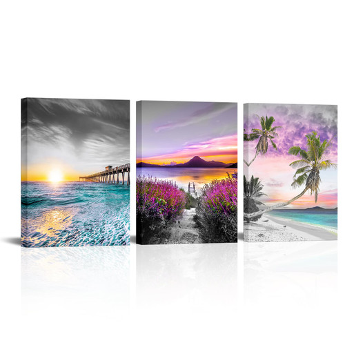 KLVOS Blue Ocean Canvas Wall Art Purple Tropical Beach Painting Palm Tree Sunrise Bridge Seascape Artwork Coastal Picture for Bathroom Bedroom Living Room Office Home Decor Framed