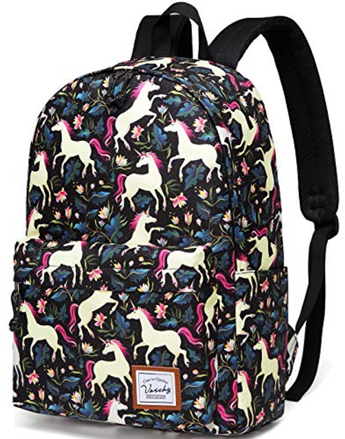 Unicorn Backpacks for Girls,VASCHY Cute Lightweight Casual Water-Resistant School Daypack 14in Padded Sleeve in Black