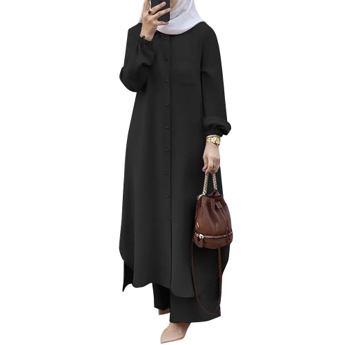 Muslim Women's Long Top Dress Wide Leg Pants Loose Women Modest Islamic Dubai Dress Kaftan Abayas Button Down Shirt Islamic Abaya Casual Prayer Clothes Khimar Middle East Outfits Eid Sets Black L