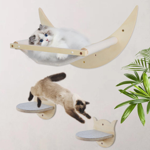 kiusatig Cat Hammock Wall Furniture Cat Wall Shelves with Two Stairs Wall Mounted Moon Cat Bed Perches for Wall Mounted Steps for Climbing Large Cats or Kitty Sleeping, Playing, Climbing(Cat)