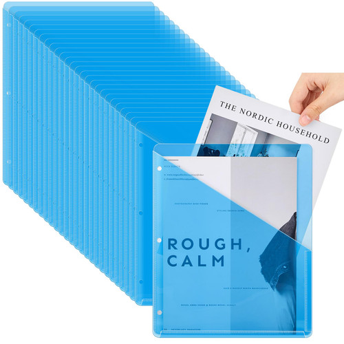 Seajan 100 Pcs Poly Translucent Slash File Jacket Binder Organizer Pockets 3 Hole Punch Binder Folders 3 Ring Binder Plastic Sleeves for Paper Document (Blue)