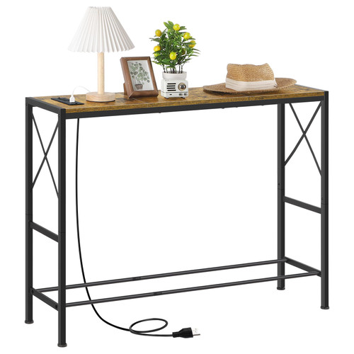 Narrow Console Table with Power Outlet and USB Port, Small Industrial 41" Entryway Table Sofa Table with Metal Frame, Wood Entrance Table for Hallway, Foyer, Behind Couch Table with Charging Station