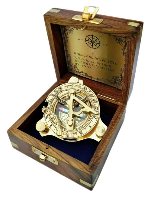 Sundial Brass Compass Shiny Finish with Wood Box Nautical Antique Compass Hunting Outdoor Military Navigation Tool Collectible Gift by AI