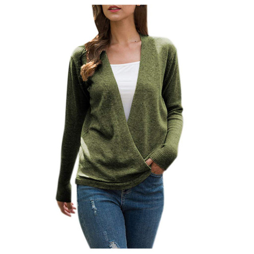 terbklf Womens Knitted Wrap Front Deep V-Neck Sweater Long Sleeve Loose Pullover Jumper Tops Army Green